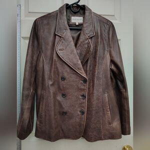 Soft & Smooth Double-breasted Brown Leather Jacket Hip Lngth Bttn sz XL-1X Nice!